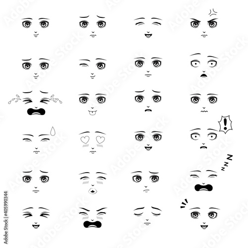 Various Emotion Manga Anime Girl Faces Cartoon Set
