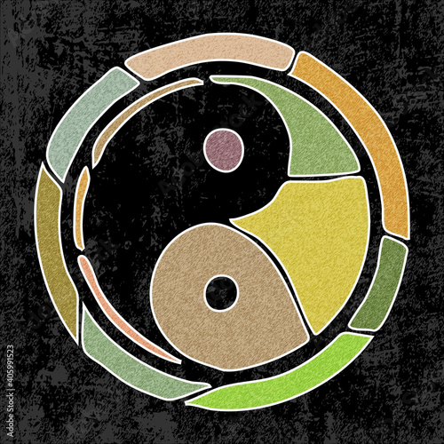 Yin Yang symbol. Culture and philosophy of the east, chinese taoism. Vector drawing in grunge style.