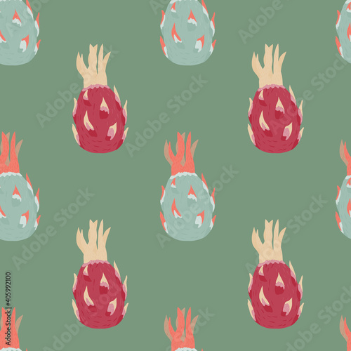 Hand drawn pitahaya doodle elements seamless pattern in food theme. Green pale background.