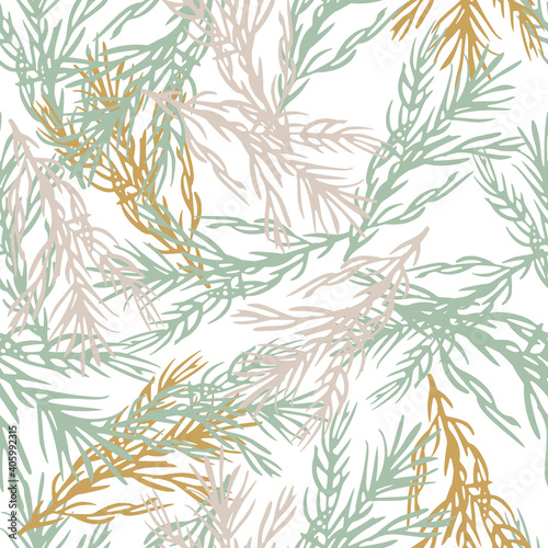 Isolated seamless multicolor pattern with blue  purple  orange rosemary branches ornament on white background.
