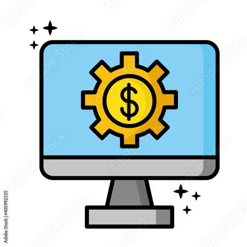 desktop with dollar symbol in gear icon vector illustration design