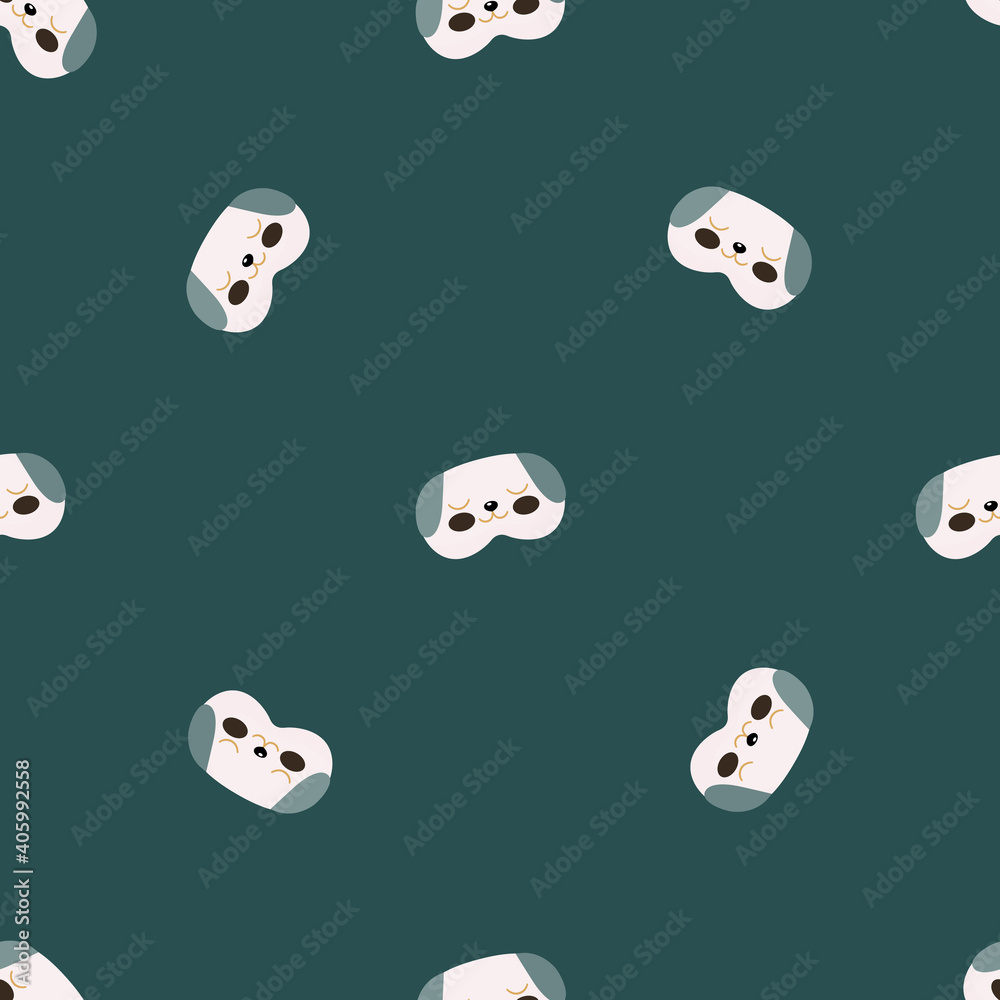 Dog mask white with green color chaotic seamless pattern on dark green background. Children graphic design element for different purposes. Dog mask white with green color chaotic seamless pattern on dark green background. Children graphic design element for different purposes.