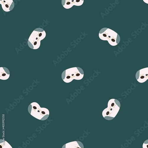 Dog mask white with green color chaotic seamless pattern on dark green background. Children graphic design element for different purposes.