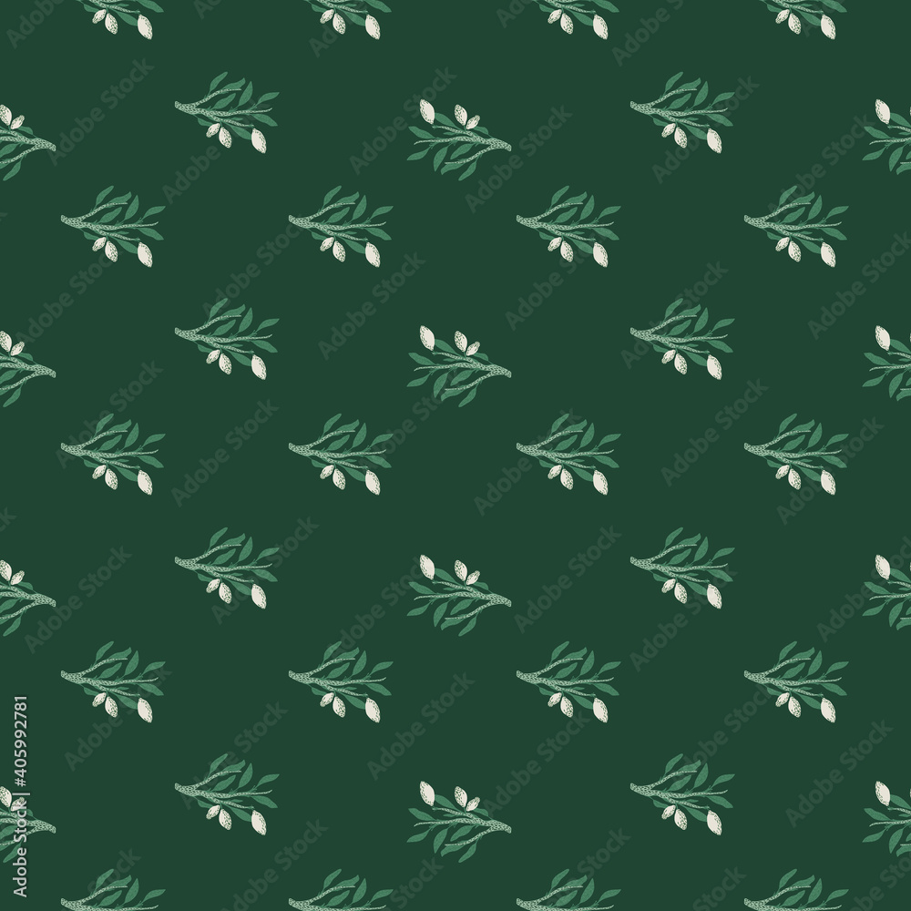 Little botanic seamless pattern with doodle lemon branches ornament. Green turquoise background. Fruit print.