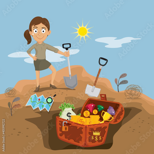Businesswoman digging up treasure, illustration vector cartoon
