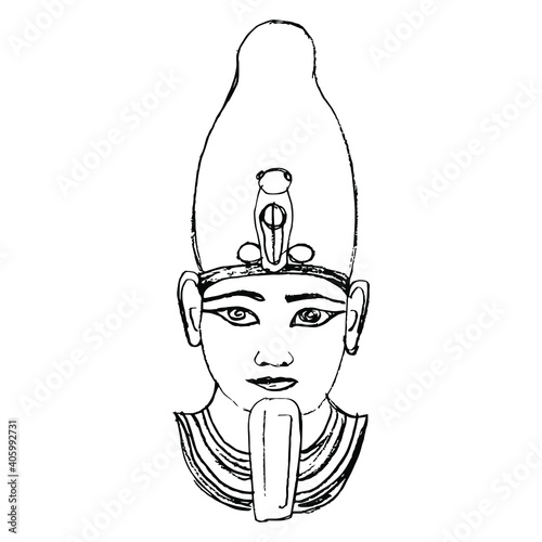 Portrait of ancient Egyptian pharaoh. Head of god Osiris. Hand drawn linear doodle ink sketch. Black silhouette on white background.