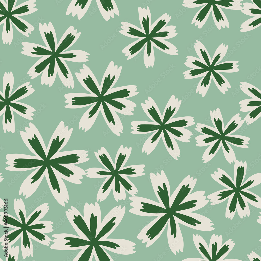Random seamless botanic pattern with green and white contoured flower shapes. Blue background. Random seamless botanic pattern with green and white contoured flower shapes. Blue background.