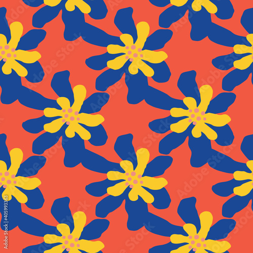 Yellow and blue bright daisy flower shapes seamless pattern. Red background.