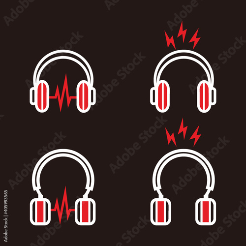 red and white headphone set with lightning and heartbeat sign for music listening  broadcast or podcast - red and white headphone set icon or logo with lightning and heartbeat sign isolated on black