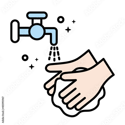 hands washing with water tap line and colors style icon vector illustration design