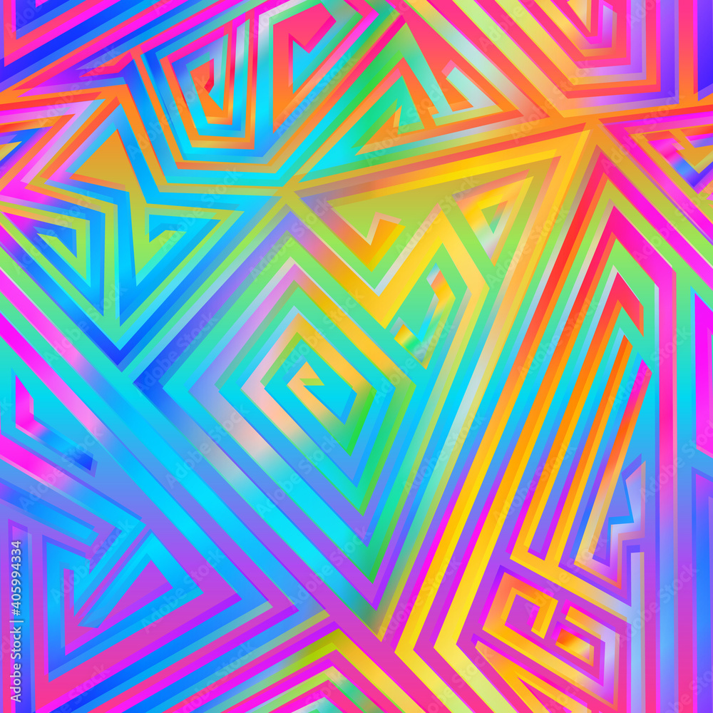 Rainbow geometric spiral seamless pattern.