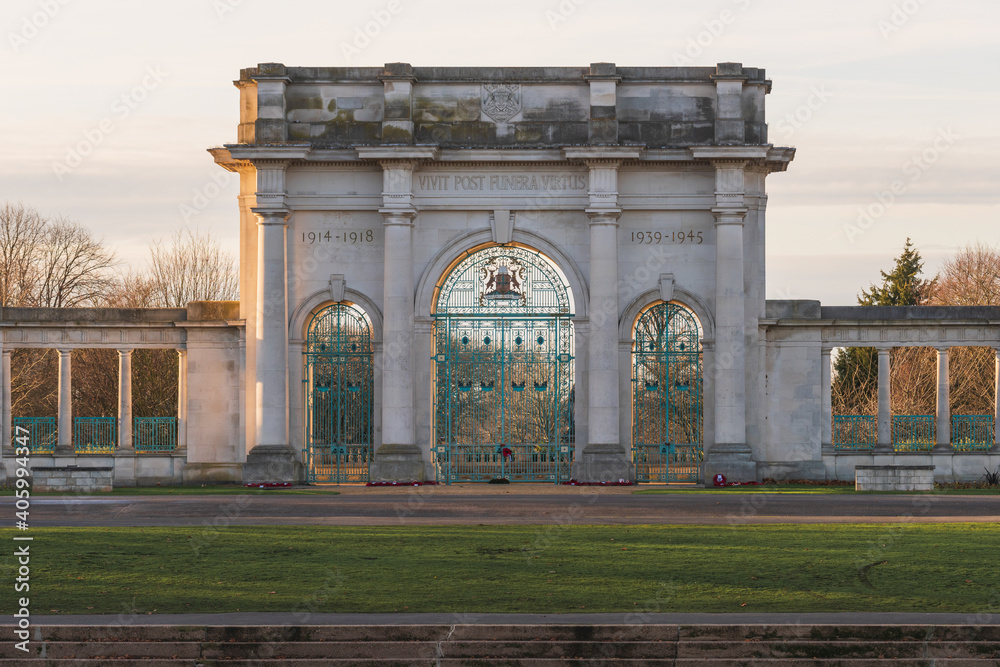 Nottingham, England - January 20, 2021: The Memorial Arch was dedicated to commemorate British war dead,  and fronts the Memorial Gardens, It sits facing the River Trent along the Embankment.