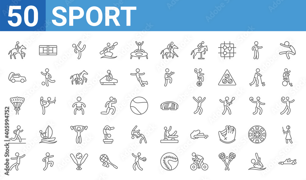 Fototapeta premium set of 50 sport web icons. outline thin line icons such as formula racing,horse racing,kung fu,trail running,paragliding,rallycross,tennis court,sport goggles. vector illustration