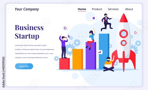 Landing page design concept of Business Startup. Businessman running to rocket and move up to their goal. Flat vector illustration