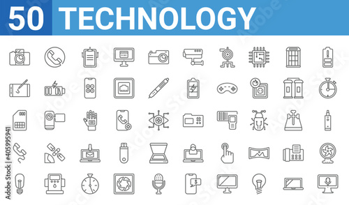 set of 50 technology web icons. outline thin line icons such as recording,vintage digital camera,old light bulb,phone with wire,big sim card,drawing tablet,telephone receiver,nanosensor. vector