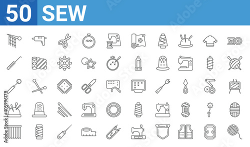 set of 50 sew web icons. outline thin line icons such as yarn,knit,pleat,pin cushion,tracing wheel,crochet hook,hot glue,arras. vector illustration