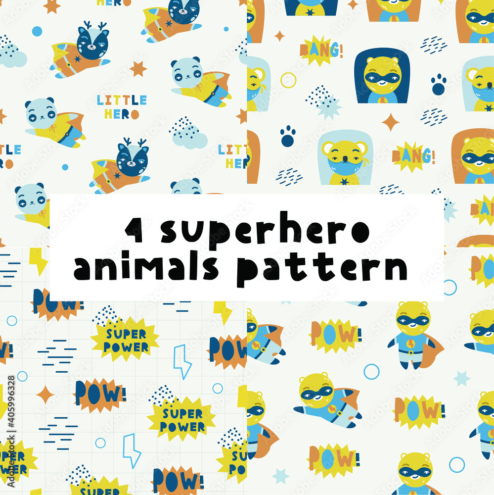 Super Hero Animals vector pattern for kids in colorful style