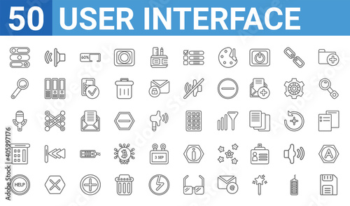 set of 50 user interface web icons. outline thin line icons such as floppy disk save button,slide to unlock,help web button,offices,record voice button,glass material,high volume