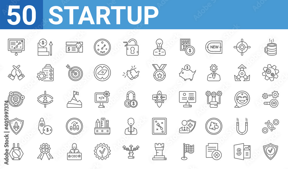 set of 50 startup web icons. outline thin line icons such as validate,strategy sketch,restrict,startup shield,experience,rivalry,career ladder,choose. vector illustration