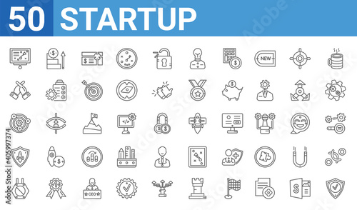 set of 50 startup web icons. outline thin line icons such as validate,strategy sketch,restrict,startup shield,experience,rivalry,career ladder,choose. vector illustration © Digital Bazaar
