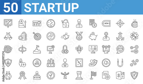 set of 50 startup web icons. outline thin line icons such as validate,strategy sketch,restrict,startup shield,experience,rivalry,career ladder,choose. vector illustration photo