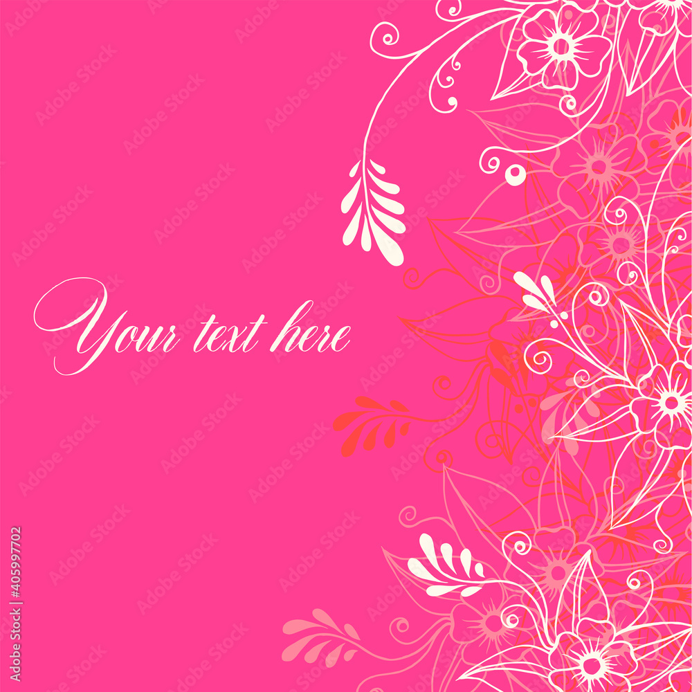 Pink frame of flowers on a pink background in Indian style. Vector illustration