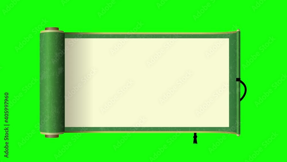 Japanese scroll paper opening animation ( 4K, MP4 ) / green.  For background transparent use.