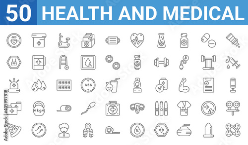 set of 50 health and medical web icons. outline thin line icons such as band aid,defibrillator,pizza,medical file,emergency,body,urine,girl. vector illustration