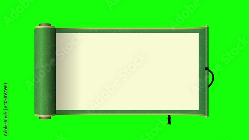 Japanese scroll paper opening animation ( 4K, MP4 ) / green.  For background transparent use.