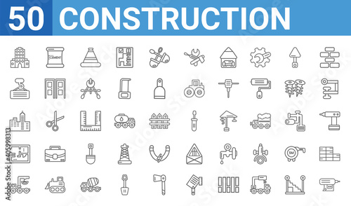 set of 50 construction web icons. outline thin line icons such as nail gun,big building,truck with crane,house plan, ,derrick with load,cement,screwdrivers. vector illustration