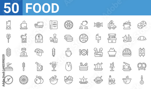 set of 50 food web icons. outline thin line icons such as slotted spoon,blend,no eating,pasta,hotdog and bread,lollypop,coffee cup with steam,plate and utensils. vector illustration
