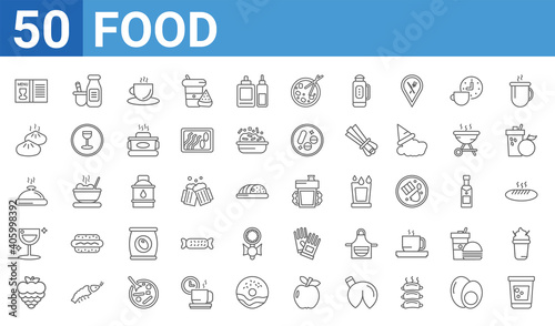 set of 50 food web icons. outline thin line icons such as water glass,drinks menu,raspberry leaf,cup of wine,serving dish,dumpling,dairy,sippy cup. vector illustration