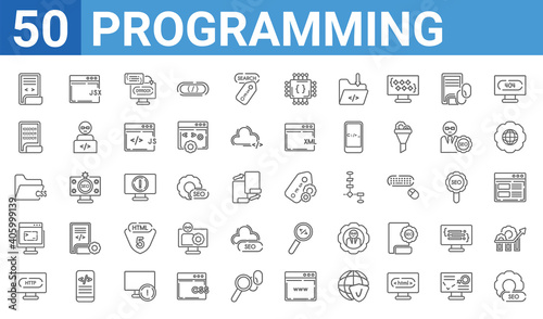 set of 50 programming web icons. outline thin line icons such as image seo,page,http,code terminal,css file format,binary file,jsx,seo badge. vector illustration