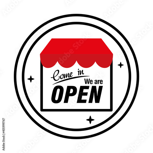 reopening lettering with store front in sticker half line style icon vector illustration design