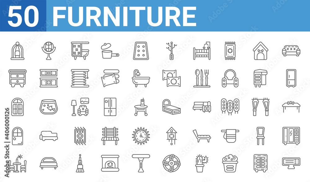 set of 50 furniture web icons. outline thin line icons such as heating,bird cage,dinner table,door,window,nightstand,globe,sleigh bed. vector illustration