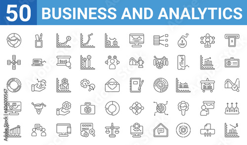 set of 50 business and analytics web icons. outline thin line icons such as wave chart,merge charts,graph,stock market,graph pie,database interconnected,supplies,workbook. vector illustration