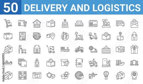 set of 50 delivery and logistics web icons. outline thin line icons such as global distribution,logistics,delive box verification,shipping,delivery cancelled,package,scanner,delivery by bike. vector