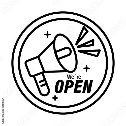 reopening lettering with megaphone in sticker line style icon vector illustration design