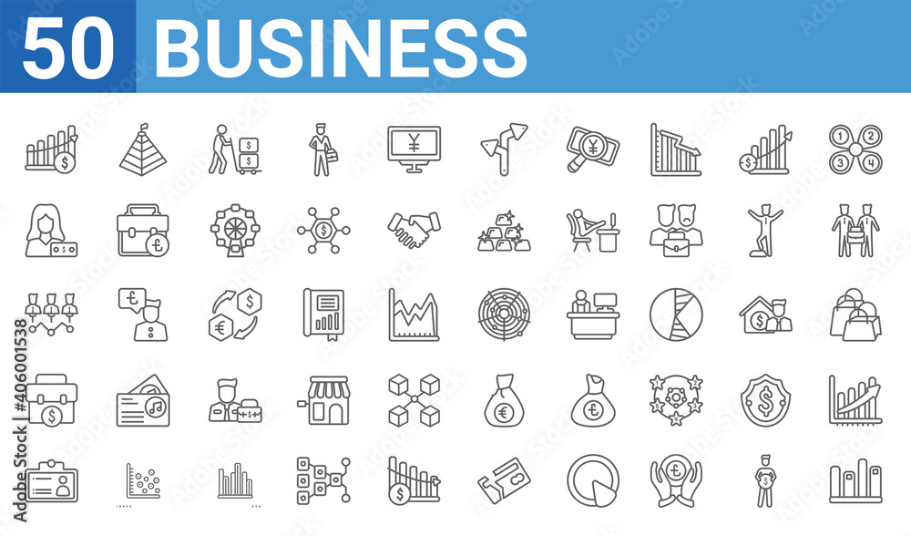 set of 50 business web icons. outline thin line icons such as bars graphic,profit chart,color business card,dollars suitcase for business,increase team work,woman with money,stats pyramid,spider