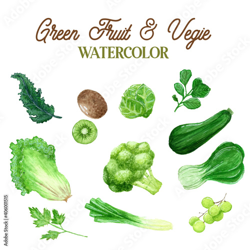 Green Fruit and Vegetable Watercolor illustration