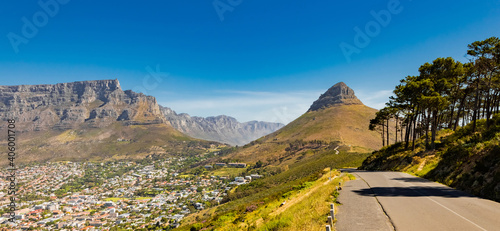 Urban cityscape with a rocky mountain range behind in Cape Town, South Africa