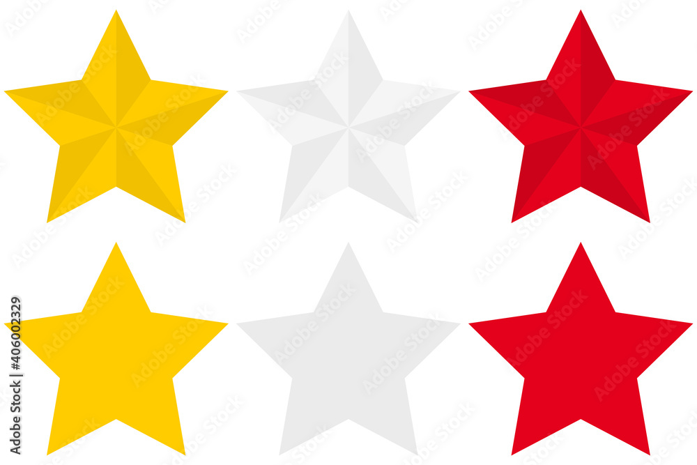 Set of three variants of gold, silver and red flat star icons isolated on a white background. Vector illustration. Set of three variants of gold, silver and red flat star icons isolated on a white background. Vector illustration.