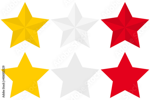 Set of three variants of gold, silver and red flat star icons isolated on a white background. Vector illustration.