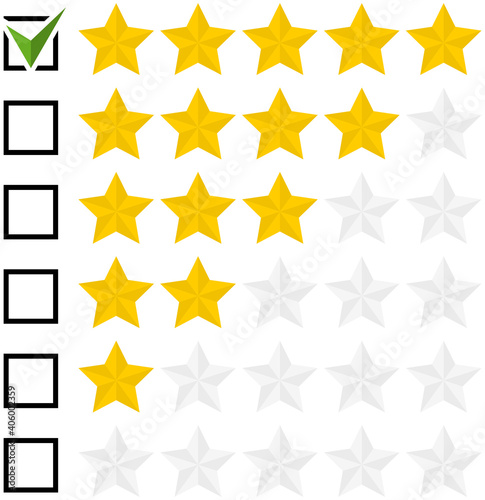 Set of flat rating star icons with a check mark in the checkbox isolated on a white background. Vector illustration.