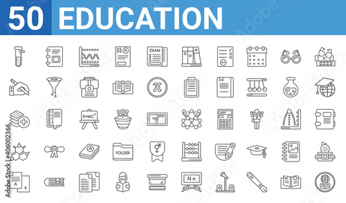 set of 50 education web icons. outline thin line icons such as studies,chemical test tube,various files,chemical formula,arrange,write by hand,school agenda,chemical diagram. vector illustration