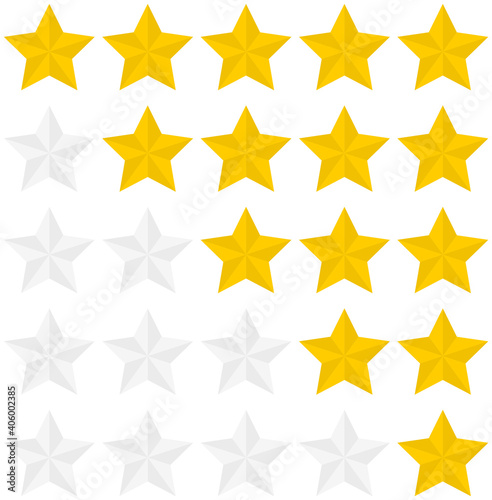 Set of five options of rating star icons isolated on a white background. Vector illustration.