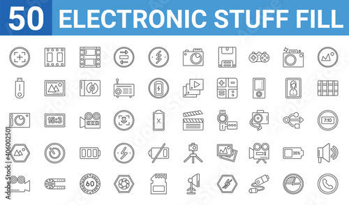 set of 50 electronic stuff fill web icons. outline thin line icons such as phone receiver,camera screen,film camera,landscape,compact camera,pen drive,film strip,clapperboard. vector illustration