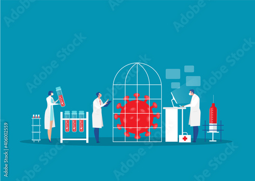 Scientist character research infection at lab  Concept of influenza or Covid-19 coronavirus vaccination or research. Flat vector illustration