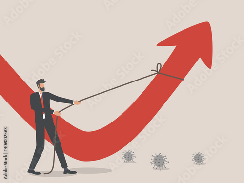 business rebuilding,  a businessman drew a falling red arrow, the Hard Work Ahead to Restore the Global Economy after coronavirus pandemic.