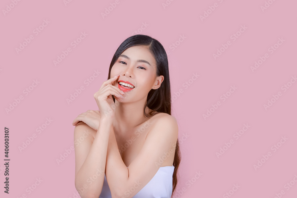 Beauty Spa Woman with perfect skin Portrait. Asian beautiful woman skin makeup young model, on pink studio Beauty Spa Woman with perfect skin Portrait. Asian beautiful woman skin makeup young model, on pink studio